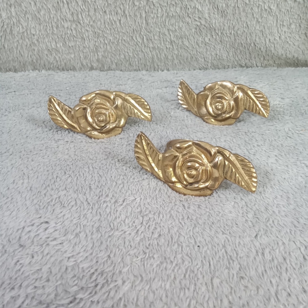 Vintage Brass Rose Napkin Rings Set of 3 Gold Tone Floral Leaf Table Decor